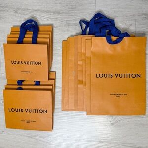 18 Louis Vuitton Orange Shopping Bags with Blue Handles Mixed Sizes Bundle